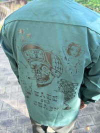 送料無料 XLラスト2枚で終了 FUCKIN' MELLOW / LBC Skull Artwork by WACKY  REDKAP 長袖ワークシャツ スプルースグリーン
