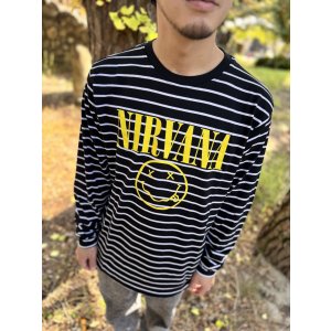 画像4: 送料無料 NIRVANA / Happy Face ボーダー長袖Tシャツ BLACK/WHITE