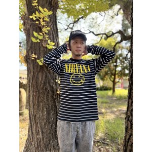 画像2: 送料無料 NIRVANA / Happy Face ボーダー長袖Tシャツ BLACK/WHITE