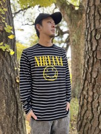 送料無料 NIRVANA / Happy Face ボーダー長袖Tシャツ BLACK/WHITE