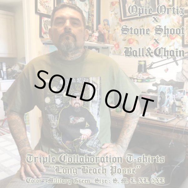 画像1: "OPIE ORTIZ x STONE SHOOT x BALL&CHAIN" / Long Beach Posse トリプルコラボTシャツ ミリタリーグリーン (1)