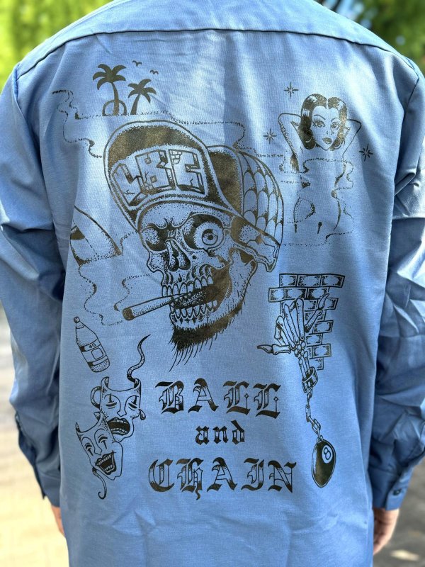 画像2: 送料無料 XLラスト1枚で終了 FUCKIN' MELLOW / LBC Skull Artwork by WACKY  REDKAP 長袖ワークシャツ ポストマンブルー (2)