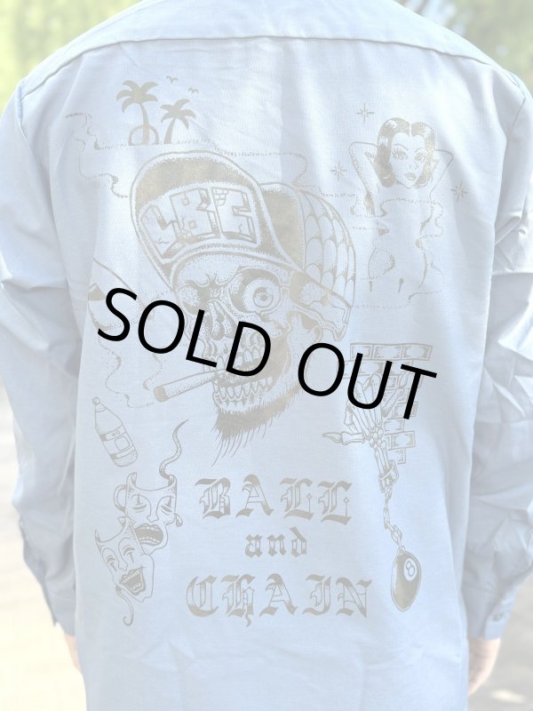 画像2: 送料無料 XLラスト1枚で終了 FUCKIN' MELLOW / LBC Skull Artwork by WACKY  REDKAP 長袖ワークシャツ ポストマンブルー (2)