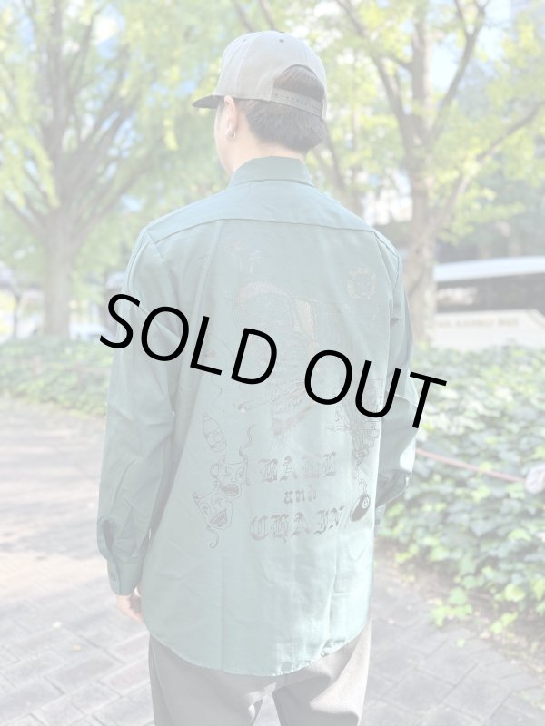 画像5: 送料無料 XLラスト2枚で終了 FUCKIN' MELLOW / LBC Skull Artwork by WACKY  REDKAP 長袖ワークシャツ スプルースグリーン (5)