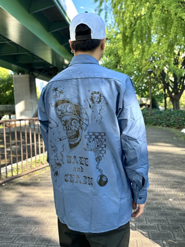 画像4: 送料無料 XLラスト1枚で終了 FUCKIN' MELLOW / LBC Skull Artwork by WACKY  REDKAP 長袖ワークシャツ ポストマンブルー (4)