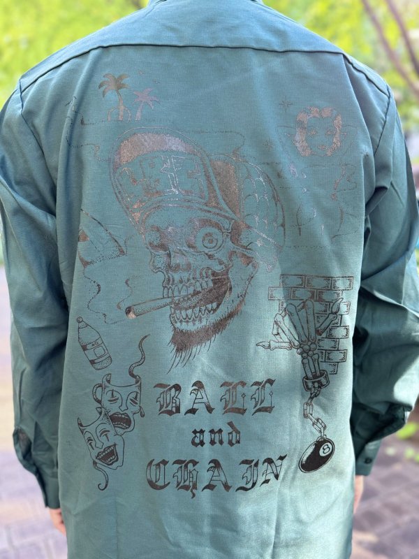 画像2: 送料無料 XLラスト2枚で終了 FUCKIN' MELLOW / LBC Skull Artwork by WACKY  REDKAP 長袖ワークシャツ スプルースグリーン (2)