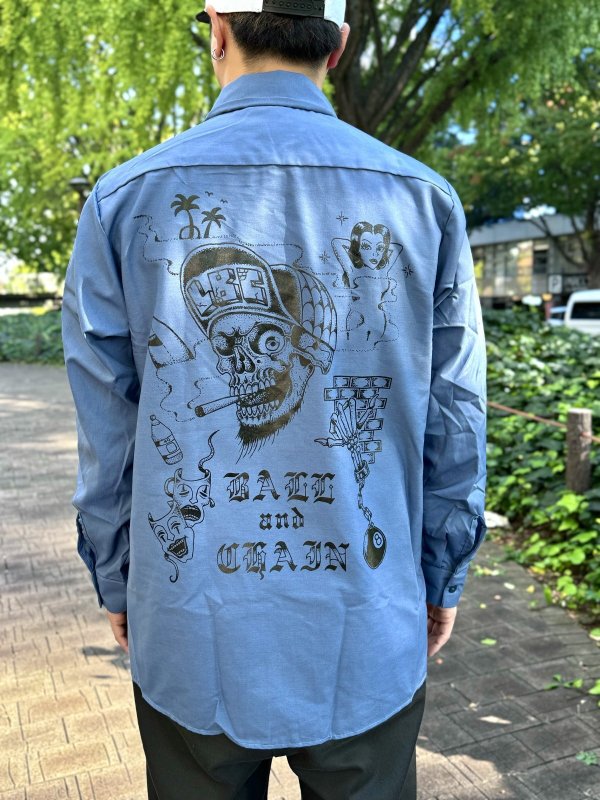 画像3: 送料無料 XLラスト1枚で終了 FUCKIN' MELLOW / LBC Skull Artwork by WACKY  REDKAP 長袖ワークシャツ ポストマンブルー (3)