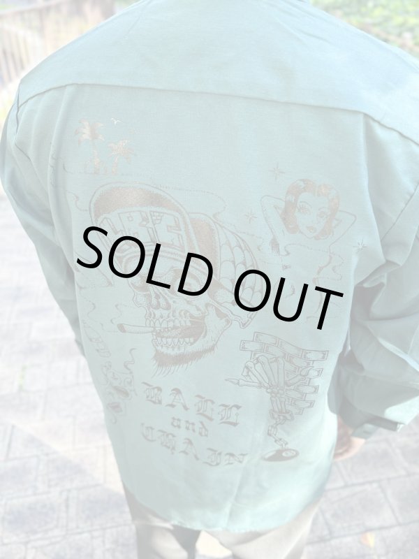 画像1: 送料無料 XLラスト2枚で終了 FUCKIN' MELLOW / LBC Skull Artwork by WACKY  REDKAP 長袖ワークシャツ スプルースグリーン (1)