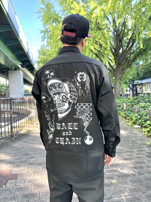 画像4: 送料無料 FUCKIN' MELLOW / LBC Skull Artwork by WACKY  REDKAP 長袖ワークシャツ ブラック (4)