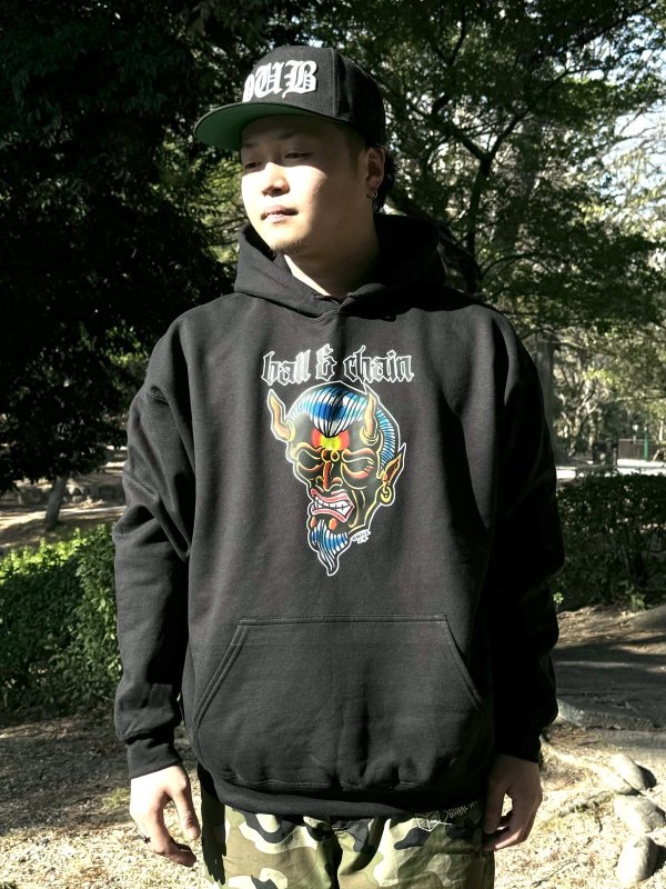 画像2: 送料無料 OPIE ORTIZ x BALL&CHAIN / "ORTIZ" 1998-2024 Reprint Red Devil プルオーバーパーカー ブラック (2)