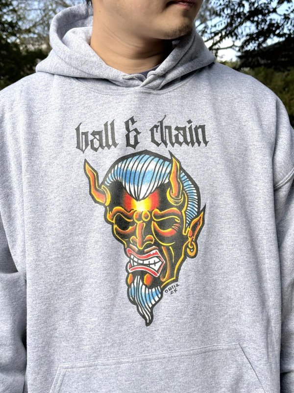 画像4: 送料無料 OPIE ORTIZ x BALL&CHAIN / "ORTIZ" 1998-2024 Reprint Red Devil プルオーバーパーカー アッシュグレー (4)