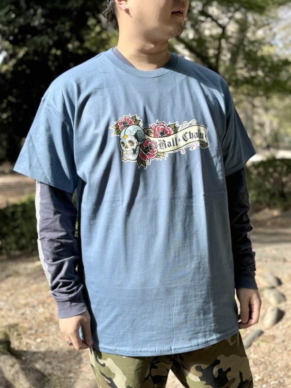 画像2: "OPIE ORTIZ x BALL&CHAIN" / Skull & Rose コラボTシャツ インディゴブルー (2)