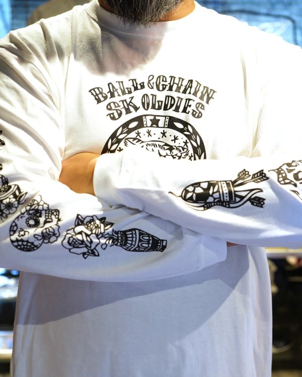 画像2: 送料無料 SK OLDIES x BALL&CHAIN Collaboration L/S T-shirts Designed by BLACKSTAR TATTOO JUN WHITE (2)