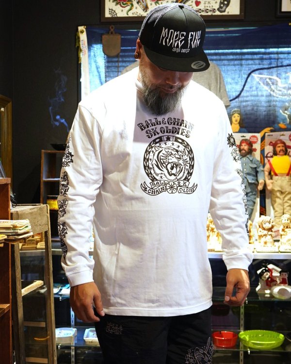 画像1: 送料無料 SK OLDIES x BALL&CHAIN Collaboration L/S T-shirts Designed by BLACKSTAR TATTOO JUN WHITE (1)