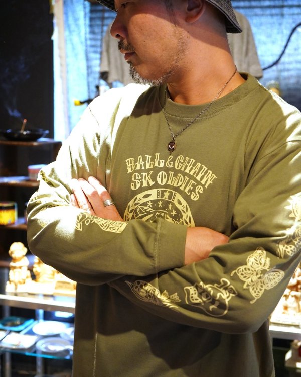 画像2: 送料無料 SK OLDIES x BALL&CHAIN Collaboration L/S T-shirts Designed by BLACKSTAR TATTOO JUN LIGHT OLIVE (2)