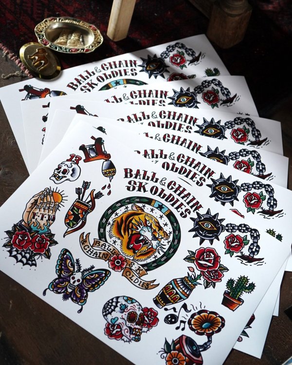 画像1: SK OLDIES x BALL&CHAIN Collaboration Tattoo Flash Designed by BLACKSTAR TATTOO JUN A3(420mm x 297mm) (1)
