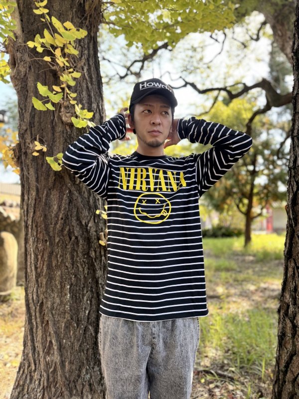 画像2: 送料無料 NIRVANA / Happy Face ボーダー長袖Tシャツ BLACK/WHITE (2)