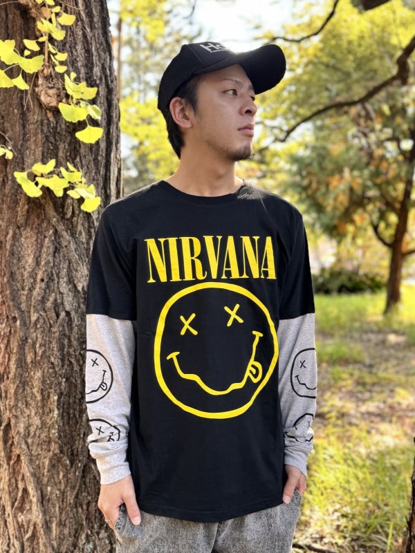 画像2: 送料無料 NIRVANA / Yellow Happy Face 長袖Tシャツ BLACK/GREY (2)
