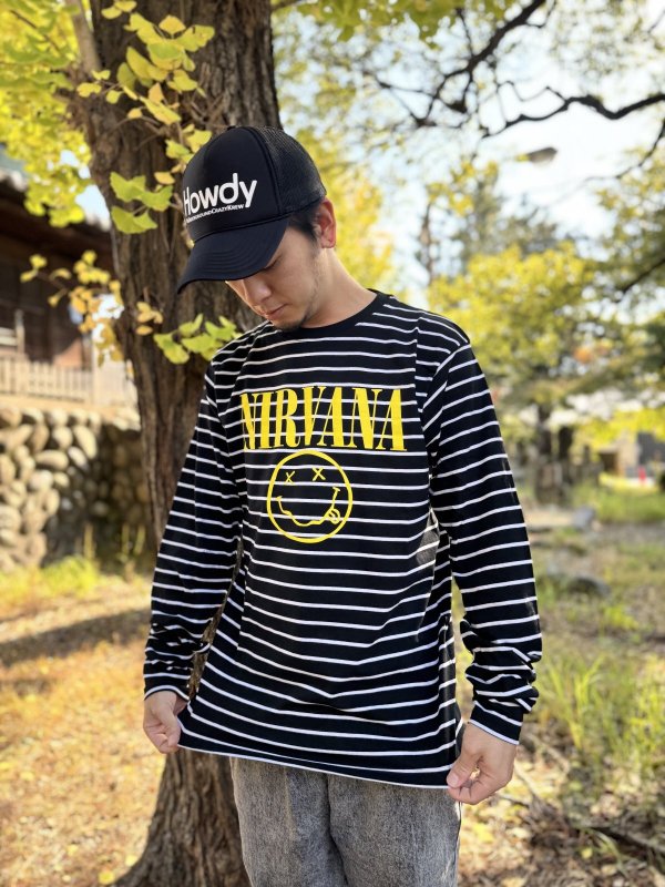 画像3: 送料無料 NIRVANA / Happy Face ボーダー長袖Tシャツ BLACK/WHITE (3)