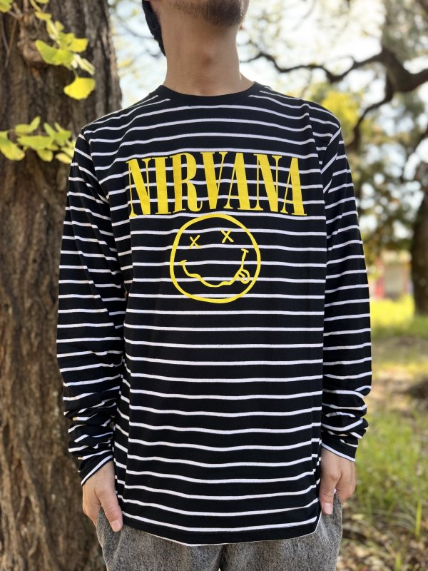 画像5: 送料無料 NIRVANA / Happy Face ボーダー長袖Tシャツ BLACK/WHITE (5)