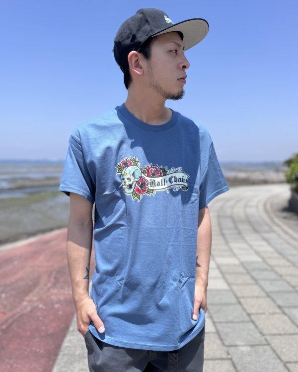 画像1: "OPIE ORTIZ x BALL&CHAIN" / Skull & Rose コラボTシャツ インディゴブルー (1)