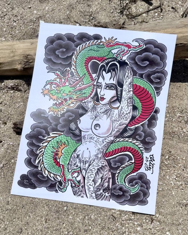 画像1: オーピーさん直買付アイテム 19枚限定 OPIE ORTIZ Original Flash Poster / Japanies Dragon & Tattoo Girl (1)