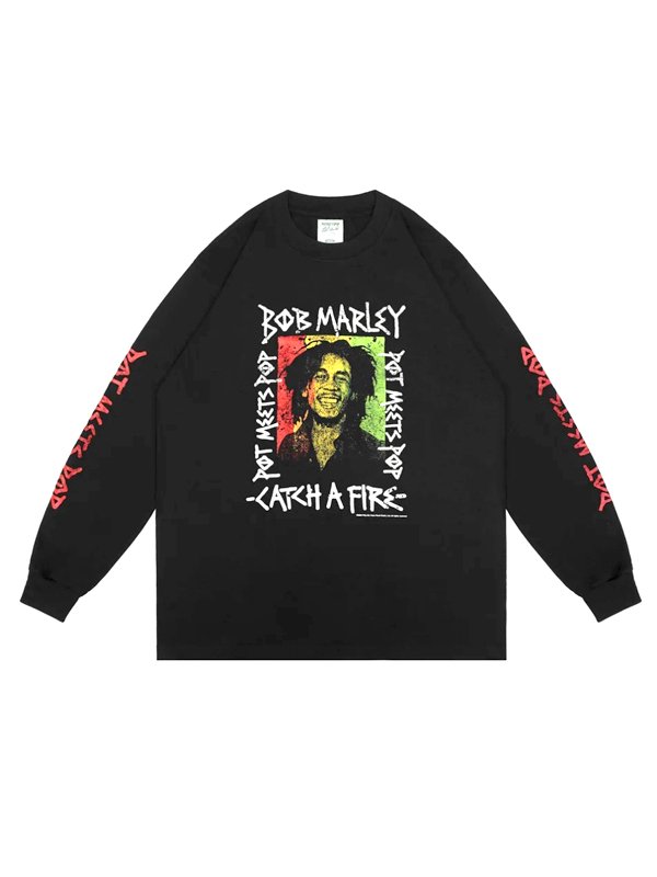 画像11: 送料無料 BOB MARLEY × POT MEETS POP / Catch A Fire 長袖Tシャツ ブラック (11)