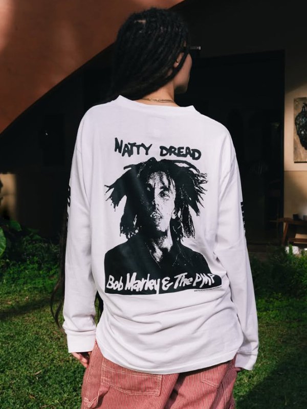 画像1: 送料無料 BOB MARLEY × POT MEETS POP / Natty Dread 長袖Tシャツ ホワイト (1)