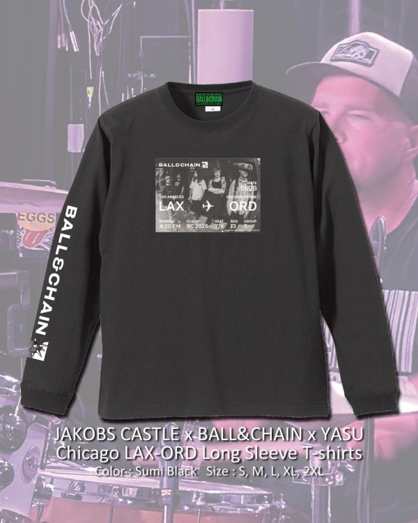 画像1: 10月30日23:59分締切 予約注文 送料無料 JAKOBS CASTLE x BALL&CHAIN x YASU / Chicago LAX-ORD 長袖Tシャツ 墨ブラック (1)