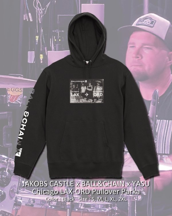 画像1: 10月30日23:59分締切 予約注文 送料無料 JAKOBS CASTLE x BALL&CHAIN x YASU / Chicago LAX-ORD プルオーバーパーカー(10oz/裏パイル) 墨ブラック (1)