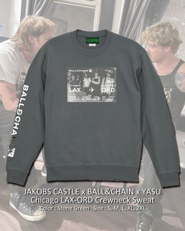 画像1: 10月30日23:59分締切 予約注文 送料無料 JAKOBS CASTLE x BALL&CHAIN x YASU / Chicago LAX-ORD スウェット(10oz/裏パイル) ストーングリーン (1)
